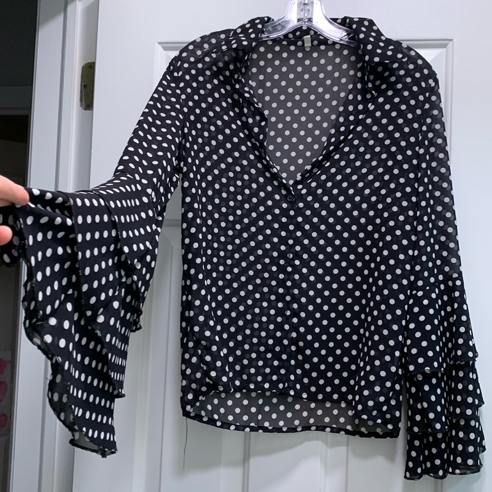 Bell sleeve polka dot sheer blouse
